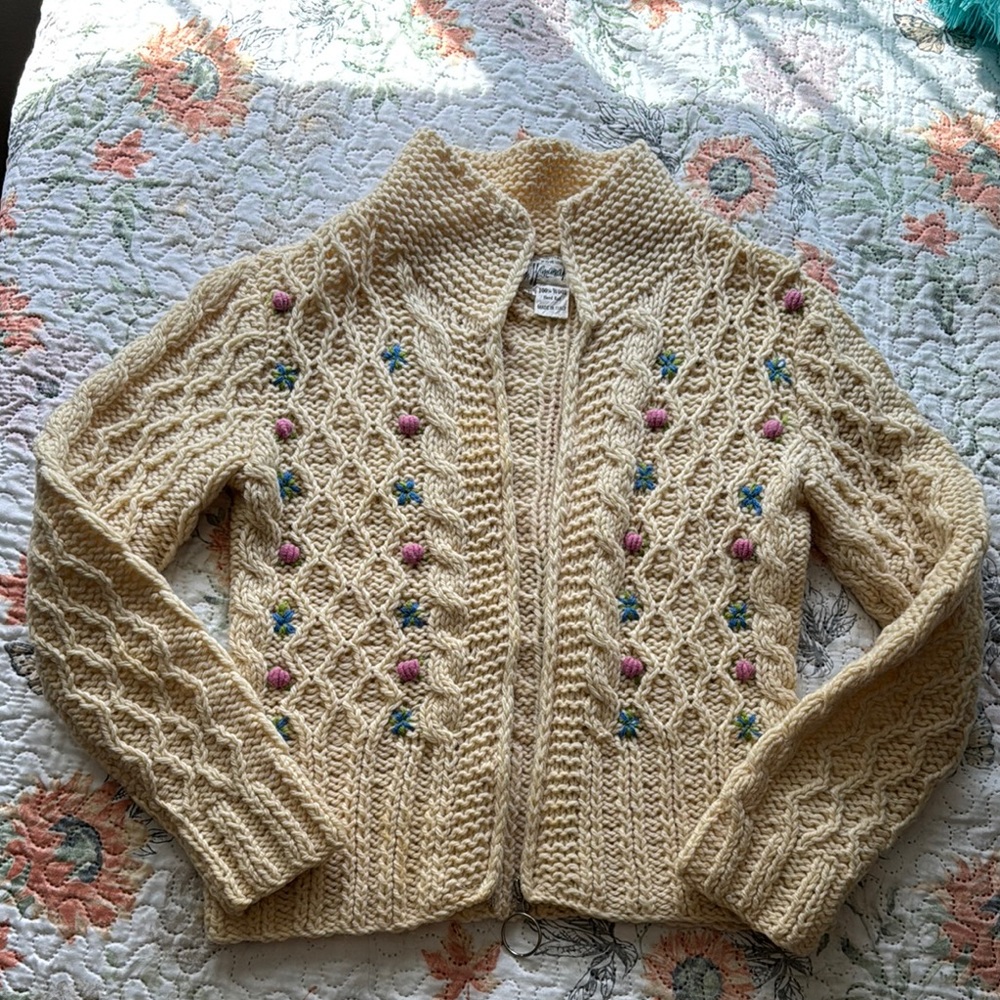 Women's Cream Cable Knit Sweater with Floral Accents